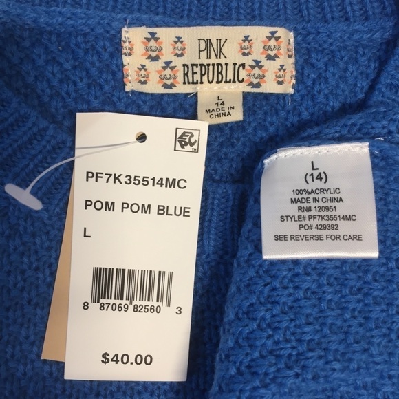 Pink Republic Big Girls Acrylic Pom Pom Blue Crew Neck Knit Pullover Sweater L - Picture 8 of 8